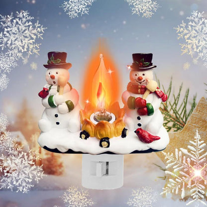 Christmas Gift, Snowman Bonfire Night Light, about 4.33*4.13 Inches Resin Rotating Plug Christmas Night Light with Flame Flickering Effect, Suitable for Children'S Room, Corridor, Living Room, Staircase Decoration