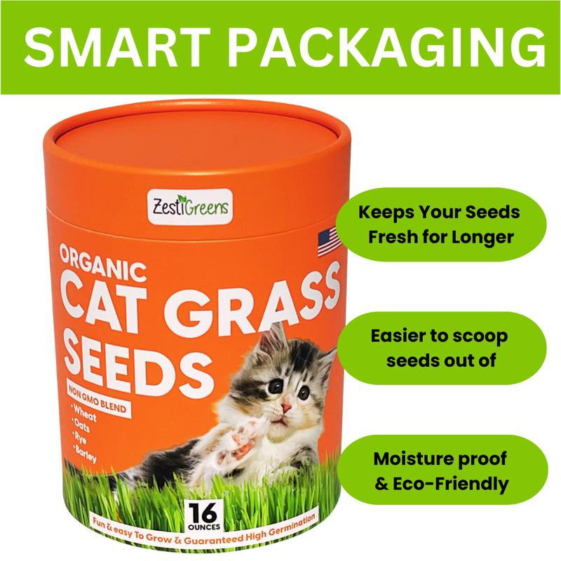 ZESTIGREENS Organic Cat Grass Seeds - Non-Gmo Blend of Wheat, Oats, Rye & Barley for Indoor Cats | Seeds Come in Food Grade Container with Lid for Easier Scooping & Keeping Fresher