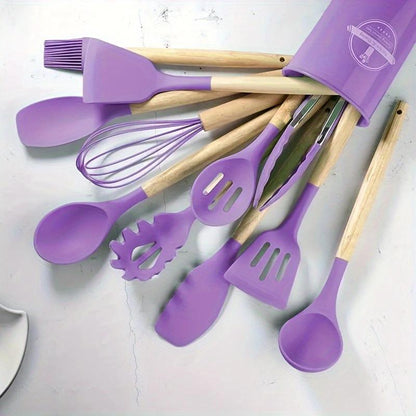Kitchen Utensils Cookware Set, 12 Piece BPA Free Silicone with Wood Handle and Storage Container