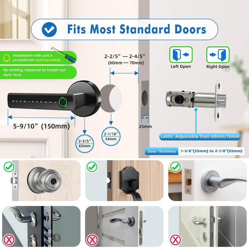 Biometric Fingerprint Door Lock Smart Keyless Entry Door Knob with Keypad for Bedroom Home Hotel Office Apartment Black with App Control