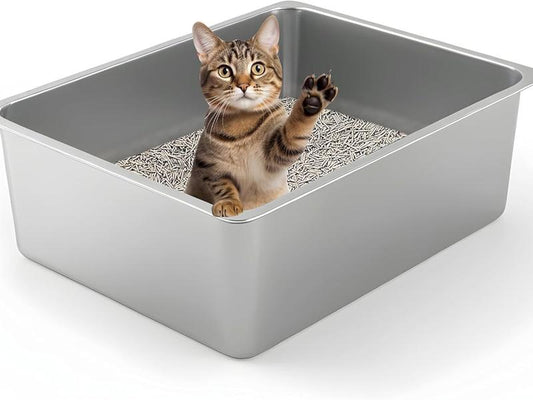 Metal High Sided Cat Litter Box - Large Indoor Tray for Kitten, Kitty, Rabbit - Non Stick, No Smell, Easy to Clean