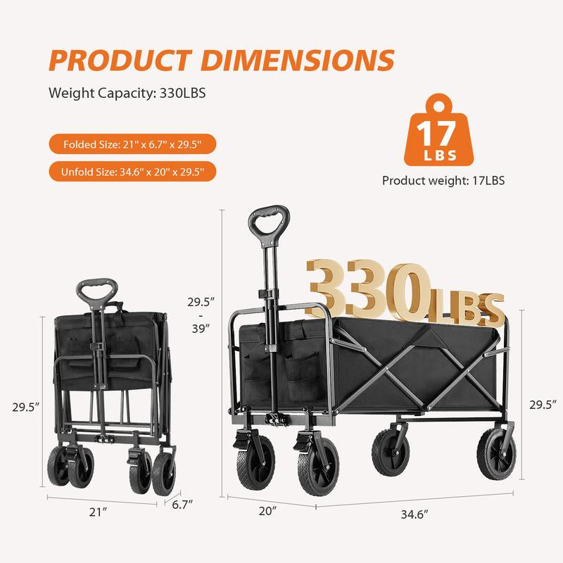 Collapsible Foldable Wagon Cart, Large Capacity Garden Beach Cart with All-Terrain Wheels, with Drink Holders for Shopping Sports Camping