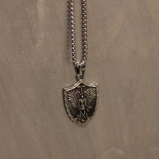 King David Psalm 27:1 Engraved Shield Necklace Unisex Stainless Steel 22" Chain St Micheal Shield