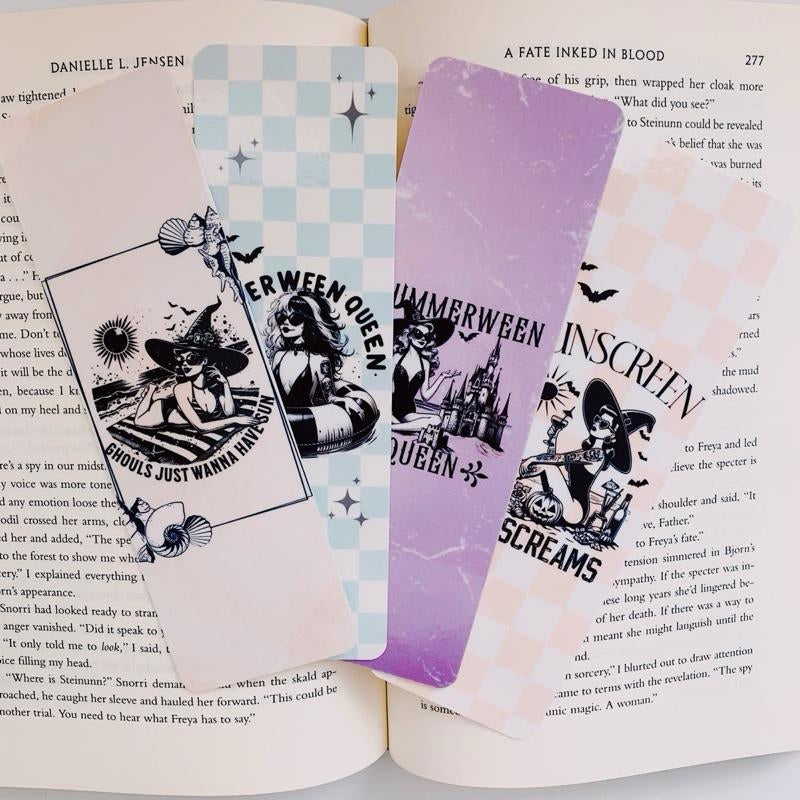 Retro Book Girl Summerween Bookmarks - 7.5”X2.25” Lightweight Nostalgic Design for Book Lovers - One Sided with Shop Stamp on Back - Laminated on Card Stock