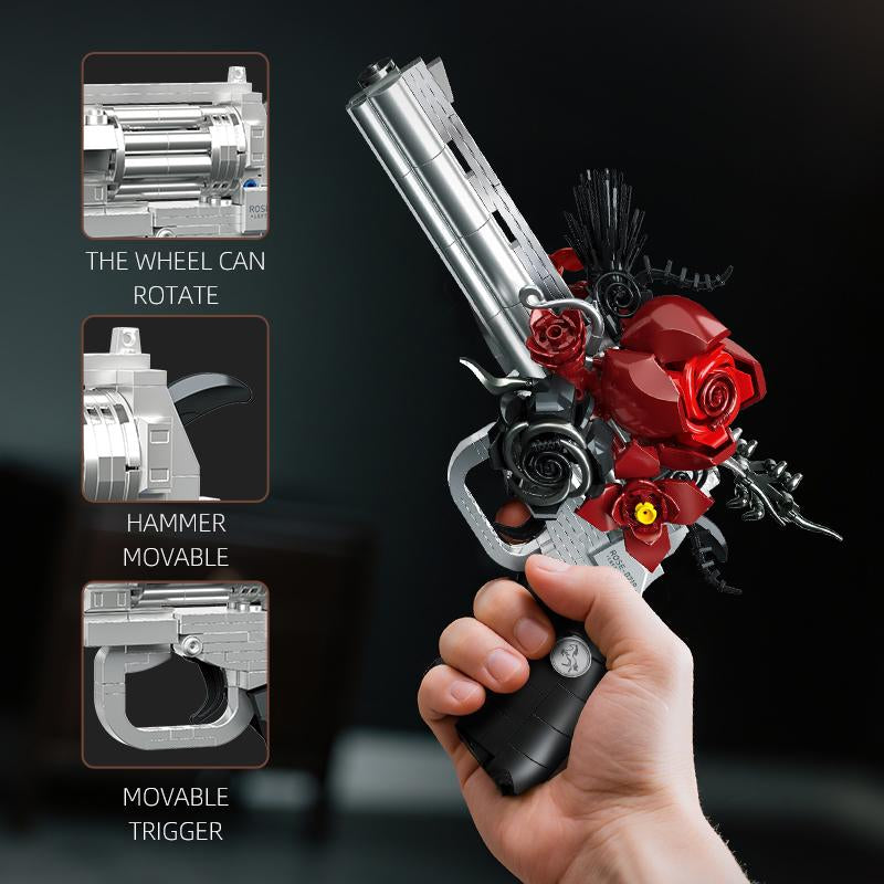 Guns & Petals Decorative Revolver Model with Red Roses Silver and Black Metal Art Sculpture Gothic Style Display Piece Jj9218 No Warranty