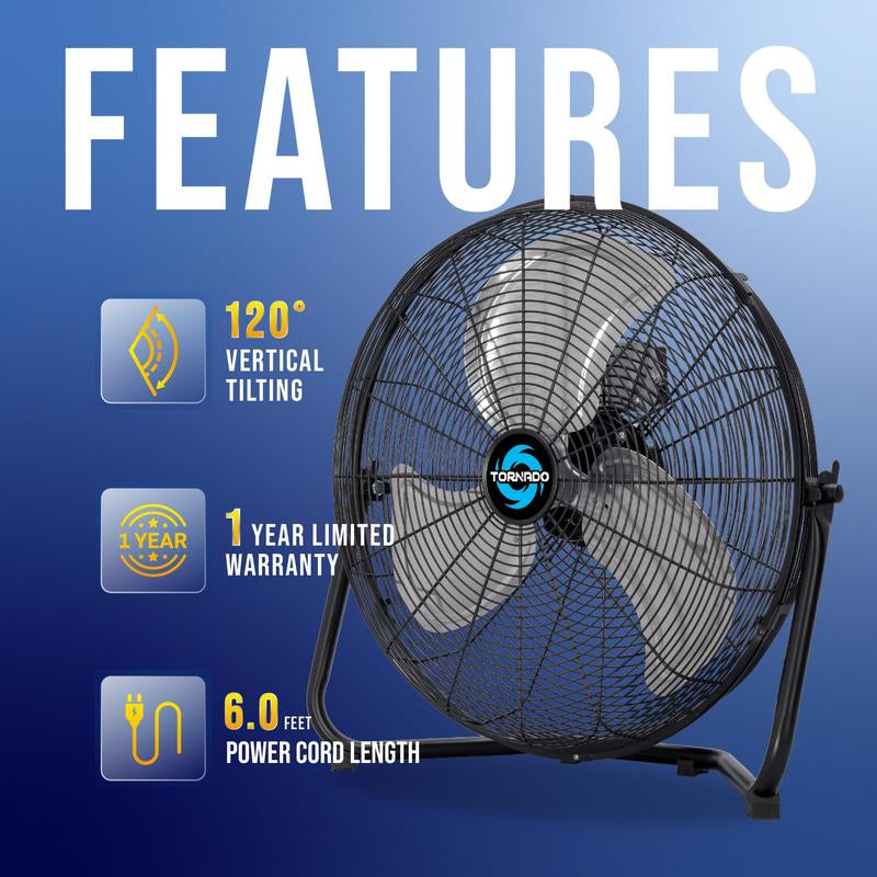 Tornado 18 Inch Industrial Powerful Metal Floor Fan, 3-Speed High Velocity Cooling Floor Standing Fan for Industrial, Commercial, and Home Spaces, 120°Tilt, 6.0 FT Cord, Black
