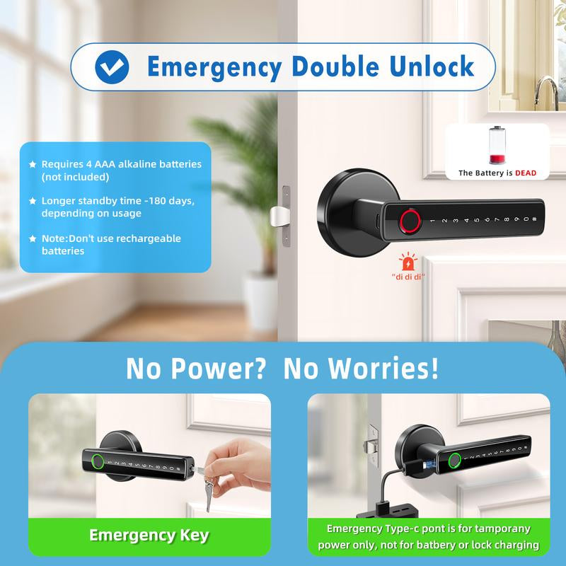 Biometric Fingerprint Door Lock Smart Keyless Entry Door Knob with Keypad for Bedroom Home Hotel Office Apartment Black with App Control