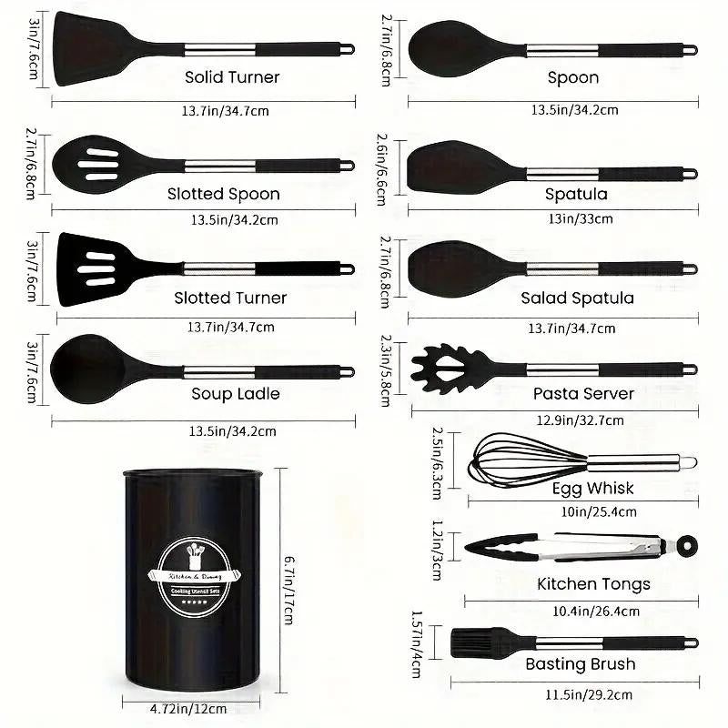 Kitchen Utensils Cookware Set, 12 Piece BPA Free Silicone with Wood Handle and Storage Container
