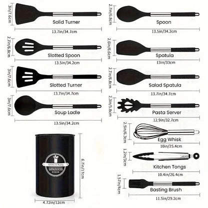Kitchen Utensils Cookware Set, 12 Piece BPA Free Silicone with Wood Handle and Storage Container
