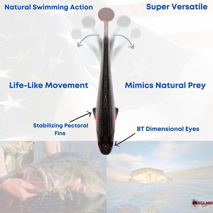 USA BASS TACKLE Patriot Shad Premium Paddle Tail Swimbait Bass Fishing Lure with Realistic 3D Eye & Detailed Design for Freshwater & Saltwater Angling