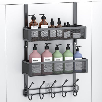 Over the Door Hooks Organizer - Multi-Functional Door Hanger with 16 Hooks & 2 Mesh Baskets, Long over Door Coat Rack for Bathroom, Bedroom, Living Room, Home Door Storage Organizer